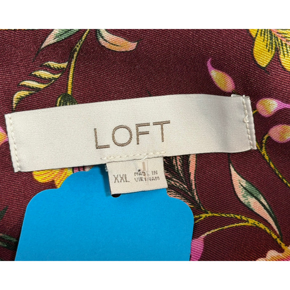 Loft Sz XXL Dressy Blouse Contrast Yoke Bronze & Burgundy Floral Satin Office - Picture 8 of 8